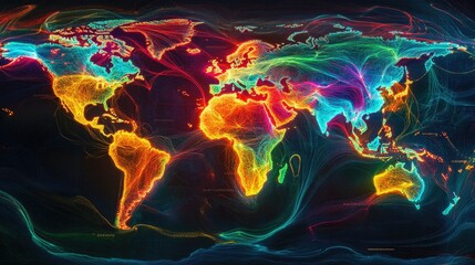 Poster - Vibrant Digital Abstract World Map with Colorful Flow Patterns