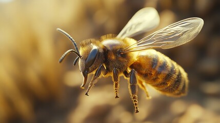 Poster - Golden Hour Buzz: A Detailed Close-up of a Honeybee in Flight, Capturing its Delicate Wings and Furry Body in Warm, Sunlight-Kissed Hues