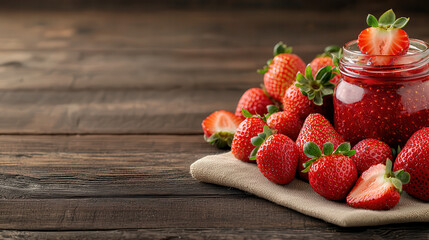 Aufkleber - Fresh strawberries and glass jar of strawberry jam on wooden table, evoking sense of homemade goodness and natural sweetness