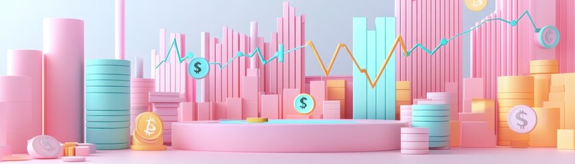 Poster - A colorful, modern financial background featuring pastel geometric shapes, symbols of currency, and trend lines, ideal for presentations or marketing.