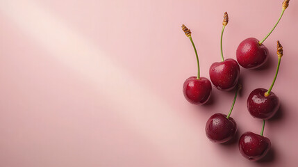 Poster - Fresh dark red cherries with water droplets on soft pink background, showcasing their vibrant color and natural shine. Perfect for food photography and culinary themes