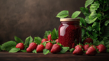 Aufkleber - still life featuring fresh strawberries and jar of strawberry jam, surrounded by green leaves, evokes sense of freshness and natural beauty
