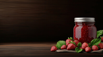 Aufkleber - glass jar filled with strawberry jam sits on wooden table, surrounded by fresh strawberries and green leaves, creating warm and inviting still life scene