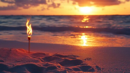 Wall Mural - Flaming Torch on the Beach at Sunset with Ocean Waves in Background