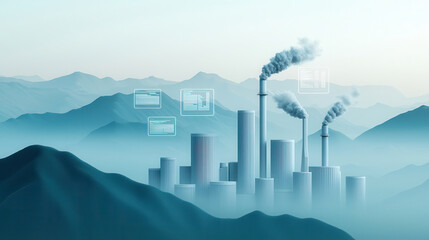 Leinwandbilder - High tech coal production plant with smoke stacks in mountainous landscape, showcasing industrial innovation and environmental impact