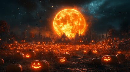 a creepy pumpkin patch at midnight illuminated by an enormous glowing pumpkin moon