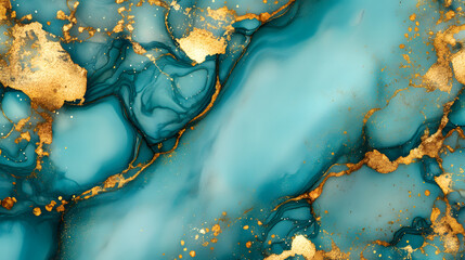 Poster - Blue and gold marble with gold flakes and unique patterns in close-up view