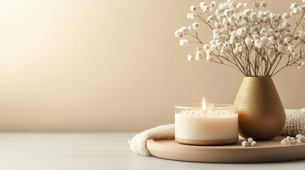 Aufkleber - serene scene featuring lit candle beside golden vase with dried flowers, creating calming atmosphere. Perfect for relaxation and home decor inspiration
