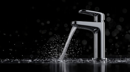 Aufkleber - modern chrome faucet with sleek curved design, elegantly dispensing water, creates refreshing atmosphere. sparkling droplets enhance its contemporary appeal