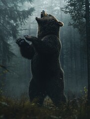 Aufkleber - Majestic brown bear stands tall in foggy forest showcasing raw wilderness and natures beauty during dawn. Generative AI