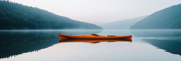 Poster - Lone kayak resting on a serene mountain lake under soft morning light in a peaceful natural setting. Generative AI