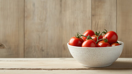 Aufkleber - Fresh tomatoes in ceramic bowl on wooden table, showcasing vibrant colors and natural textures. This scene evokes sense of freshness and simplicity