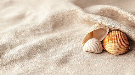 Poster - Serene scene featuring three seashells on textured fabric background, evoking peaceful coastal vibe. Perfect for beach themed decor or relaxation imagery