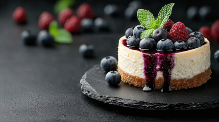 Aufkleber - Delicious cheesecake topped with fresh berries and mint leaves, beautifully presented on slate plate. vibrant colors and textures create inviting dessert experience