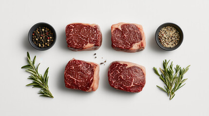 Poster - Fresh Wagyu ribeye steaks arranged with herbs and spices, showcasing marbling and quality. Perfect for gourmet cooking and grilling enthusiasts