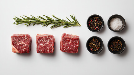 Poster - Fresh Wagyu ribeye steaks with herbs and spices arranged neatly. rich marbling of meat is highlighted alongside rosemary, salt, and variety of peppercorns, creating inviting culinary scene