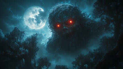 Wall Mural - a shadowy creature with glowing red eyes lurking among twisted trees under a spooky moon