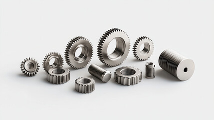 Leinwandbilder - Professional grade 3D depiction of shiny silver gears and fasteners, showcasing intricate designs and varying sizes, ideal for engineering and manufacturing contexts