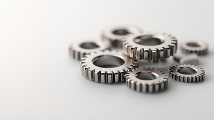 Leinwandbilder - Shiny silver gears arranged on light background, showcasing intricate details and textures. Ideal for industrial or mechanical themes