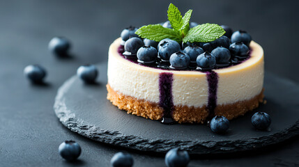 Aufkleber - Delicious cheesecake topped with fresh blueberries and mint leaves, served on dark slate plate, creating elegant dessert presentation
