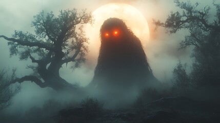 Wall Mural - a shadowy creature with glowing red eyes lurking among twisted trees under a spooky moon