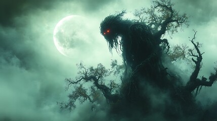 Wall Mural - a shadowy creature with glowing red eyes lurking among twisted trees under a spooky moon