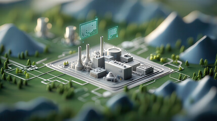 Poster - realistic depiction of power plant surrounded by mountains and greenery, showcasing modern technology and energy production. scene conveys innovation and sustainability