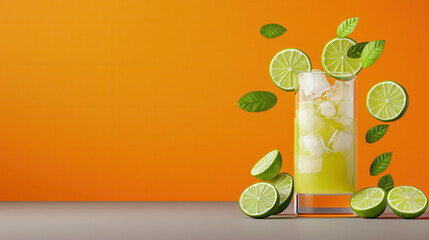 Poster - tall glass of pale yellow drink surrounded by lime slices and green leaves, set against orange background, evokes refreshing and vibrant atmosphere