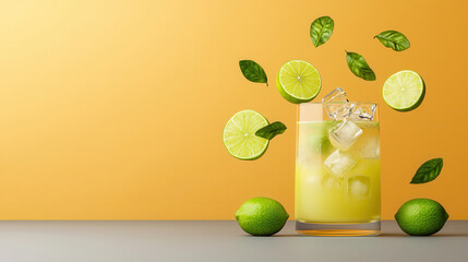 Poster - refreshing tall glass of pale yellow drink with ice, garnished with lime slices and green leaves, set against vibrant orange background