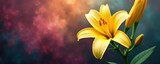 Rich textures of the multicoloured background complement the delicate petals of the yellow lilia flower, flowers, blossom