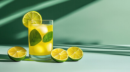 Poster - refreshing light yellow drink in tall glass with lime slices and mint leaves, perfect for sunny day. vibrant colors and shadows create lively atmosphere