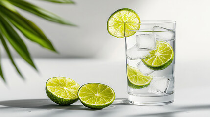 Poster - refreshing light yellow drink in tall glass with ice and lime slices, surrounded by green leaves, evokes tropical vibe. Perfect for summer enjoyment