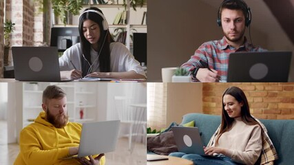 Poster - Four people focused on their laptops while studying or working from home, showcasing different environments and attire. A blend of concentration and modern workspace is highlighted.