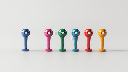 Poster - Colorful location pins in row, showcasing vibrant hues of pink, green, blue, and orange. These pins symbolize navigation and mapping, adding playful touch to any design