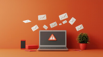 Poster - silver gray laptop on bright red background displays alert symbol, surrounded by floating envelopes, symbolizing email notifications