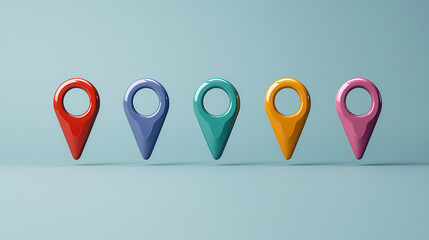 Aufkleber - Sleek row of colorful 3D location markers in glossy finish, showcasing vibrant hues. Perfect for digital maps or navigation themes