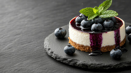 Poster - small cheesecake topped with rich dark purple red sauce and fresh blueberries, garnished with mint leaves, served on slate plate