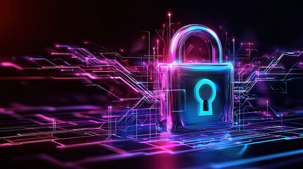 Poster - vibrant depiction of network security featuring glowing padlock symbolizing protection and data safety. colorful digital background enhances theme of cybersecurity