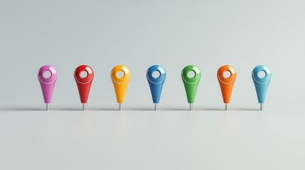 Poster - Visually striking row of seven colorful 3D location pins in various shades, showcasing vibrant design and modern aesthetics. Perfect for digital mapping and navigation concepts