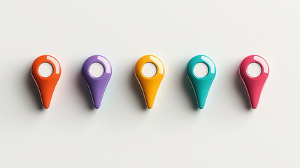 Aufkleber - Colorful location pins arranged in row, showcasing vibrant hues and glossy finishes, perfect for digital mapping or navigation themes