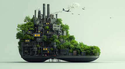 Aufkleber - surreal landscape featuring giant shoe transformed into city with greenery, factories, and smoke. scene evokes blend of nature and industry, showcasing innovation and environmental themes