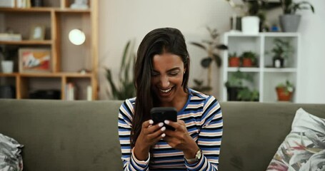Aufkleber - House, surprise and woman with smartphone, wow and internet with connection, omg and giveaway. Person, winner and girl in living room, cellphone and shocked with prize, online reading and victory