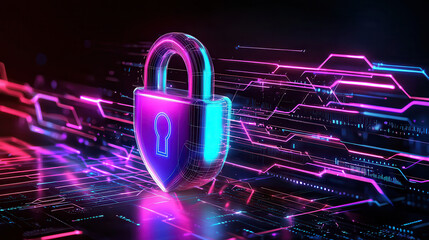 Aufkleber - digital lock symbolizing cyber protection with vibrant neon colors and abstract lines, representing security in digital world