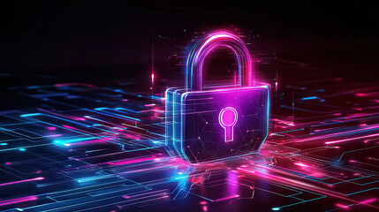 Aufkleber - vibrant digital lock symbolizes cyber protection, showcasing secure design with neon colors and futuristic elements. This represents importance of digital security in technology