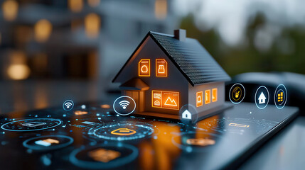 Aufkleber - Smart home concept with illuminated icons and miniature house model