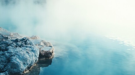 Poster - Relaxation in a serene hot spring with steam rising from rocky edges near calm water at dawn. Generative AI