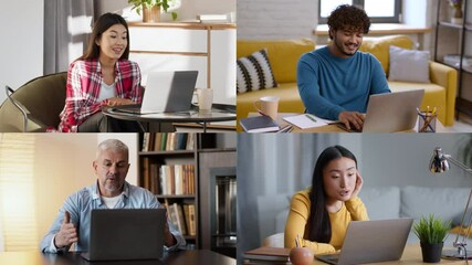 Poster - Four people participate in virtual meetings from various cozy home environments. Telecommunication concept