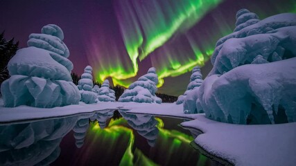 Northern lights over snowy landscape with reflected aurora in water, tranquil winter night. natural wonder and serenity concept
