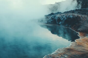 Poster - Steamy tranquility in a serene hot spring surrounded by rocky edges at dawn. Generative AI