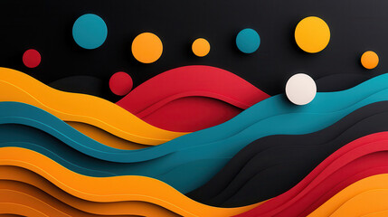 Poster - Bold abstract design featuring sharp edged waves and colorful circles, creating vibrant contrast against dark background. This artwork evokes sense of movement and energy